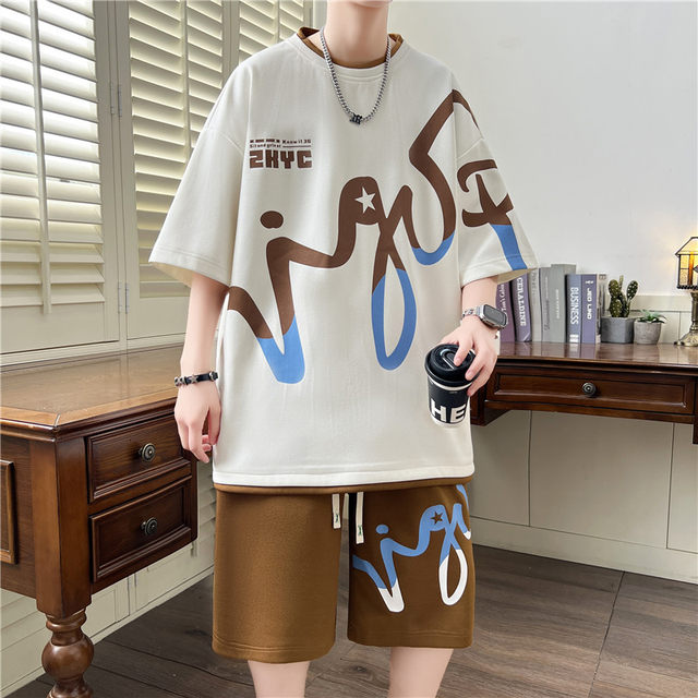 Short-Sleeved Shorts Suit for Men, Summer Ice Silk Cool-Feeling T-Shirt, Youth Casual Loose Sports Two-Piece Suit t