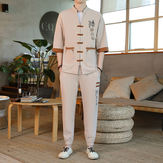 Linen Short-Sleeved T-Shirt Men's Chinese Style Loose Nine-Point Pants T-Shirt Summer Thin Cotton and Linen Casual Sports Suit