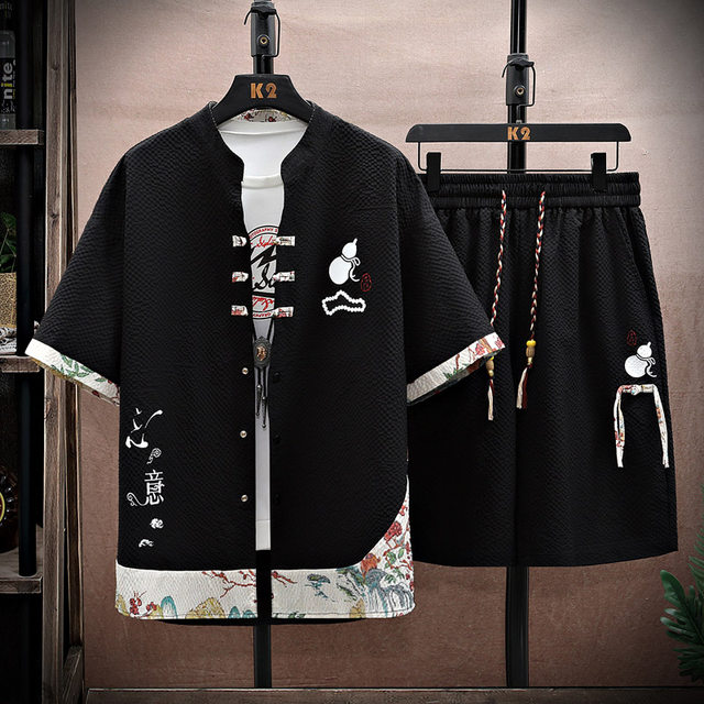 New Chinese style national style suit men's summer quarter-sleeved shirt short-sleeved shorts trendy handsome casual shirt two-piece set
