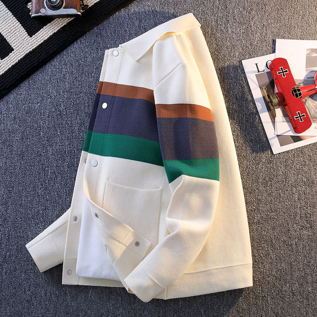 Cardigan Sweater for Men, New Spring and Autumn Style, Color-Blocked Knitted Jacket, Youth Turn-Down Collar Sweater Coat