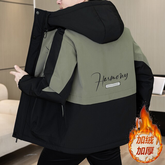 New velvet and thickened winter jackets for men, hooded casual jackets, Korean style trendy color matching, handsome and warm cotton-padded jackets