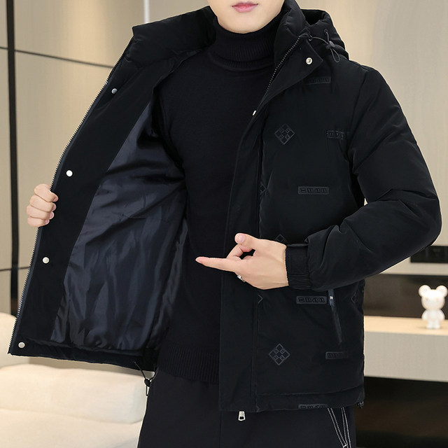 Down jacket men's winter cold-resistant and warm high-end white duck down hooded slim short European style fashionable brand jacket