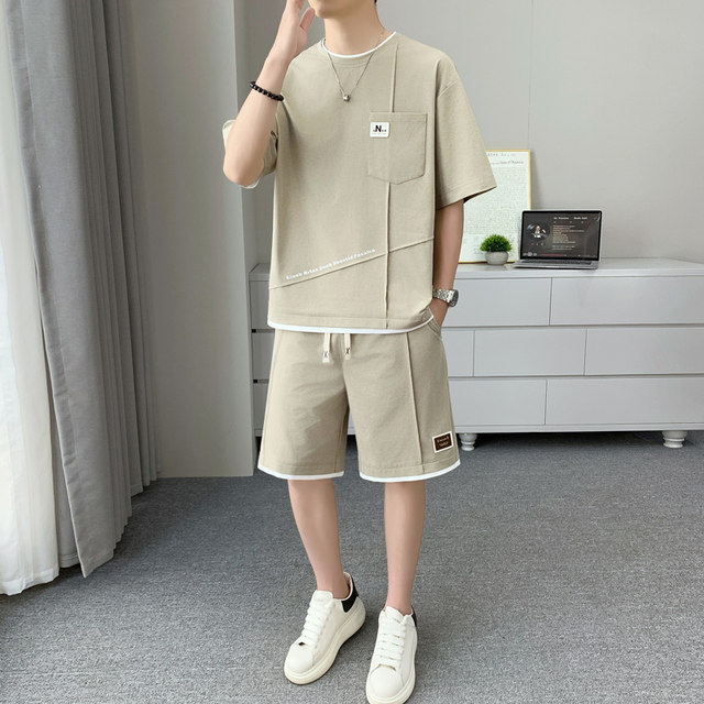Waffle sports suit men's summer thin round neck short-sleeved T-shirt handsome shorts trend matching two-piece set