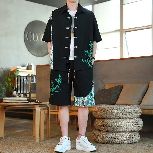 Chinese Style Tang Suit Lapel Short-Sleeved Shirt Set for Men, Ice Silk Half-Sleeve Five-Quarter Pants Set, Thin Chinese Style Two-Piece Set