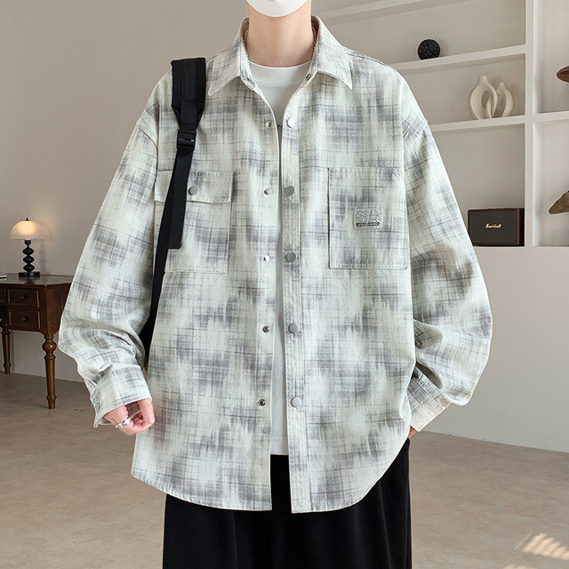 Plaid Long-Sleeved Shirt Jacket for Men Spring 2026 New Loose Lapel Jacket for Teenagers and Students American Style Top
