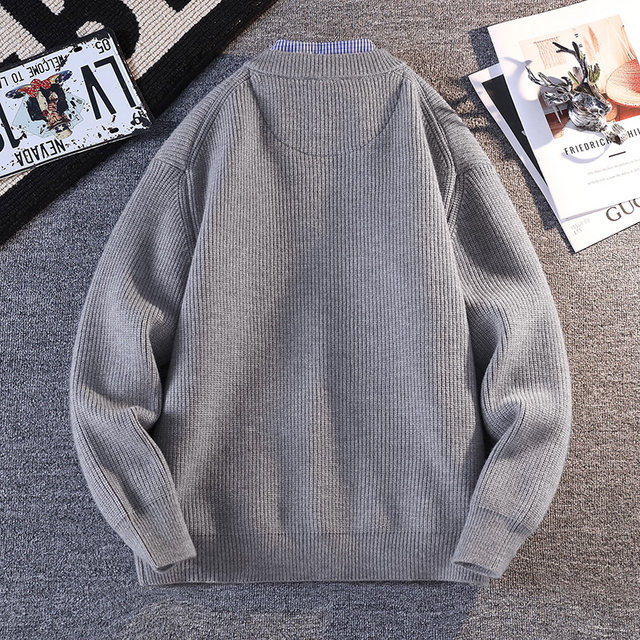 Autumn and winter 2025 new knitted cardigan jacket men's solid color versatile casual fake two-piece trendy brand jacket sweater trend