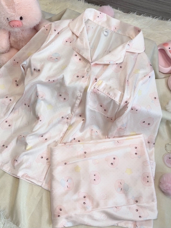 Kukenmeow Original Pink Piggy Ice Silk Pajamas Cute Pink Summer Home Wear Set