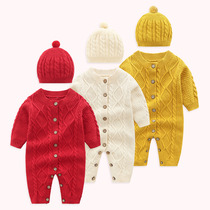 Baby Knit One-piece Clothing Spring Autumn Clothing Baby Pure Cotton Wool Thread Climbing Suit Newborn Glint Warm Khaclothes Full Moon Clothes