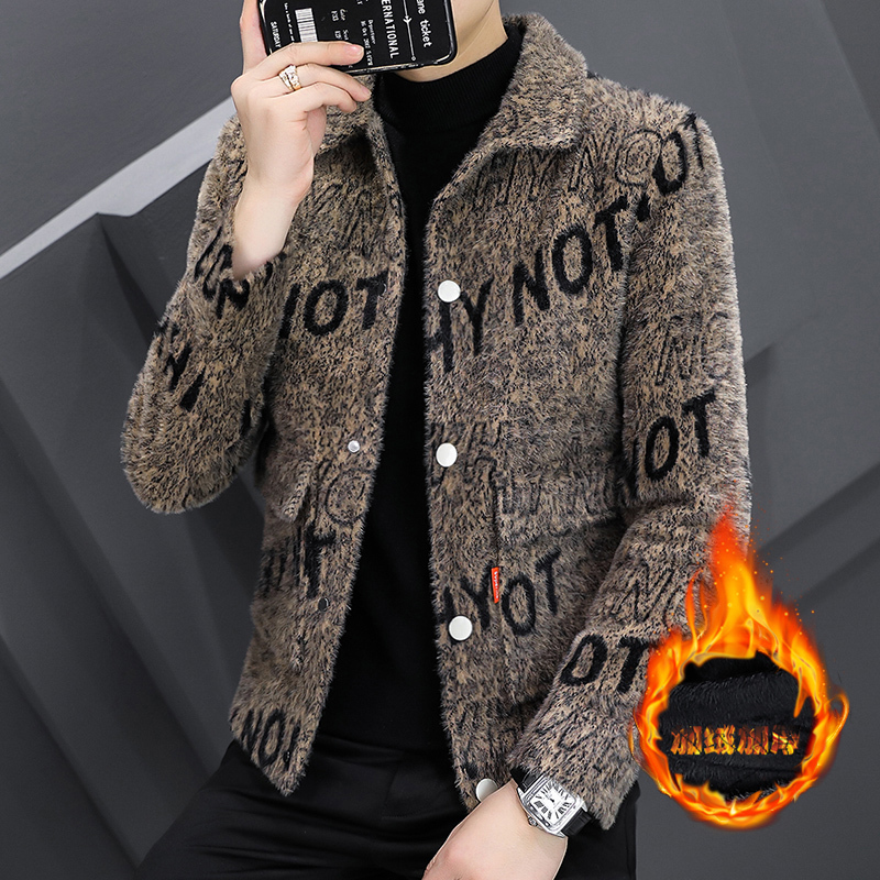 Autumn and Winter Men's Mink Velvet Jacket with Lapel, Fleece-Lined, Trendy Thick Short Trench Coat, Men's Youth Woolen Coat