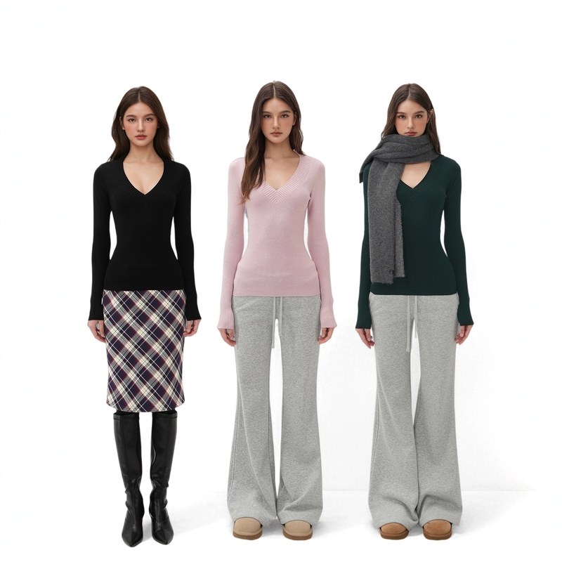 In Stock Jim Kenneth Wool Three-Color V-Neck Slim Long-Sleeve Base Knit Pullover Solid Color Sweater Top for Women