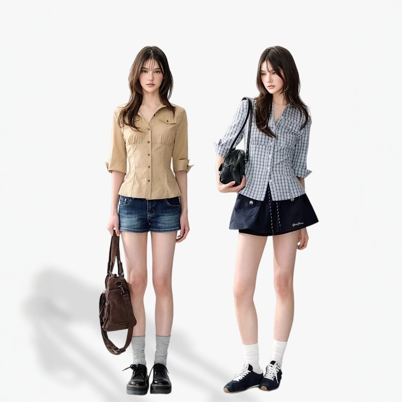 Korean Style Cinched Waist Mid-Sleeve Elastic Cuff Spring Slim-Fit Vintage Khaki Pocket Shirt Top for Women