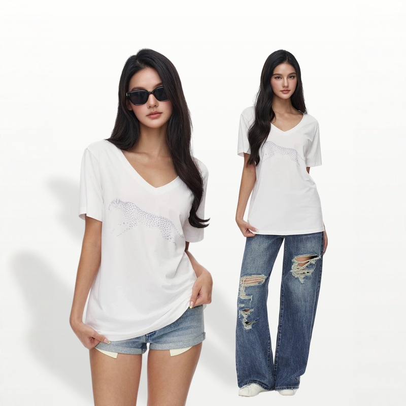 In Stock Jim Kenneth Drapey Cool V-Neck Loose Leopard Print Short-Sleeve Slimming White T-Shirt Top