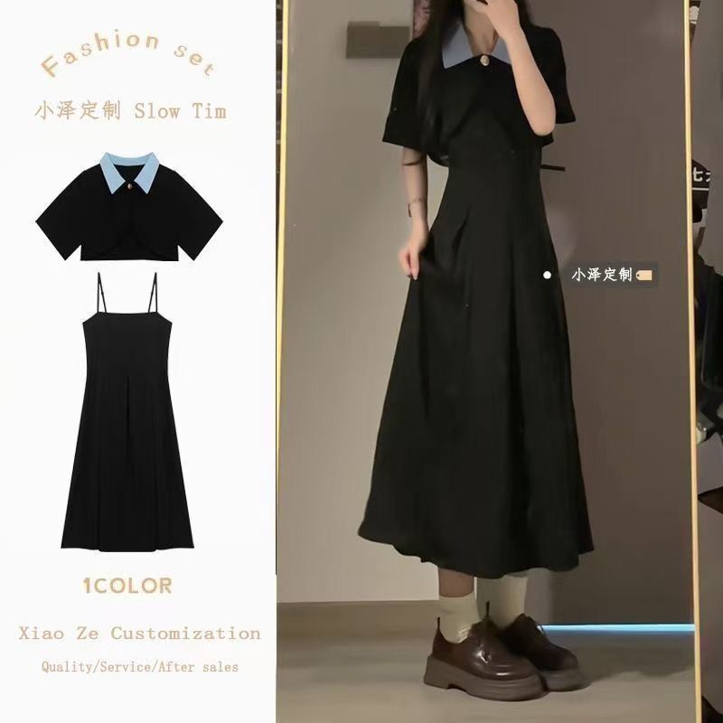 New Summer Wear Black Elegant Short-Sleeved Dress for Women with Polo Collar, Commuter Style, Fresh and Slimming Skirt