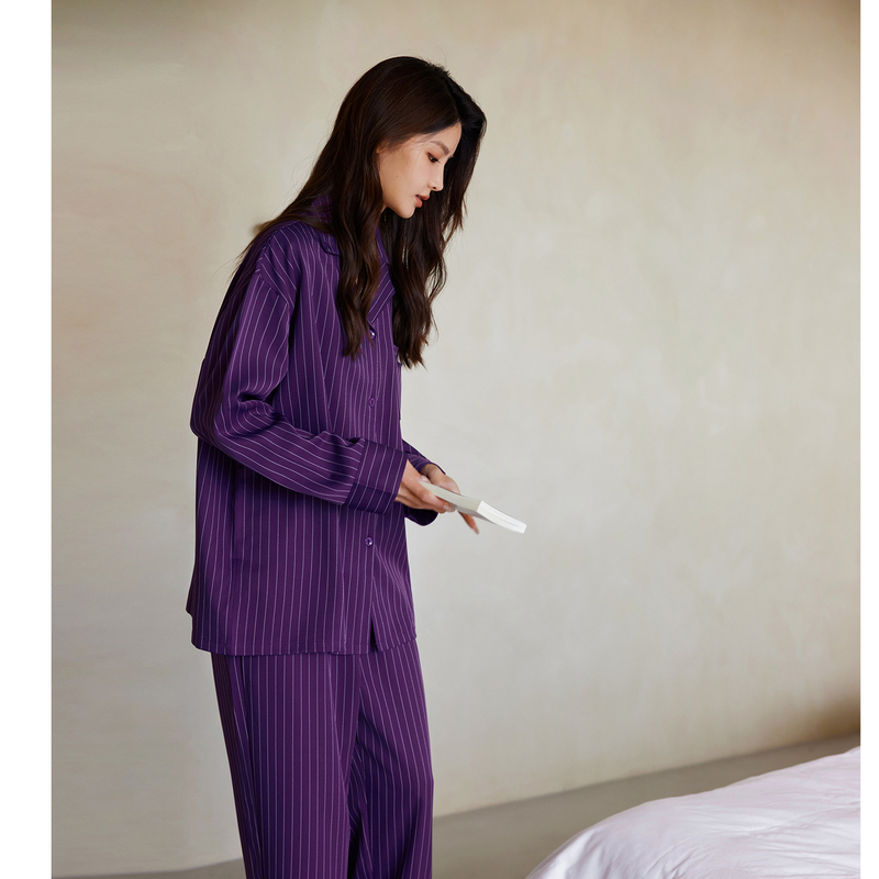 25-Year-Old Soft Cotton Pajamas for Women, Spring and Autumn, Loose Fit, Purple Long-Sleeve Loungewear, Striped Set with a High-End Feel