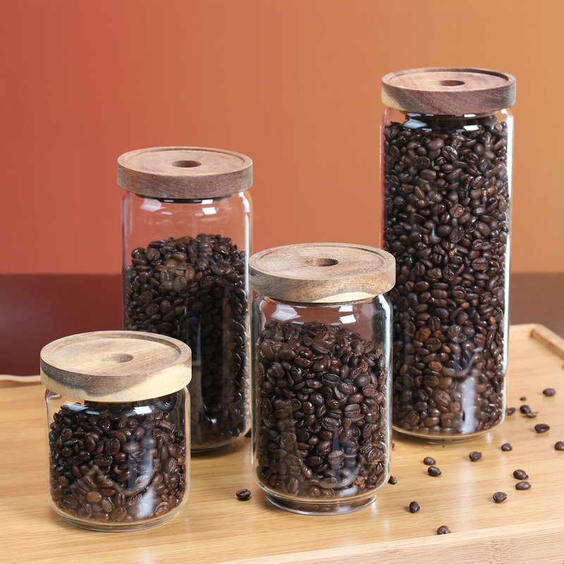 Coffee Bean Seal Tank Glass Storage Tank Home Moisture Coffee Powder Food Grade Storage Tank Wood Lid Preservation Jar