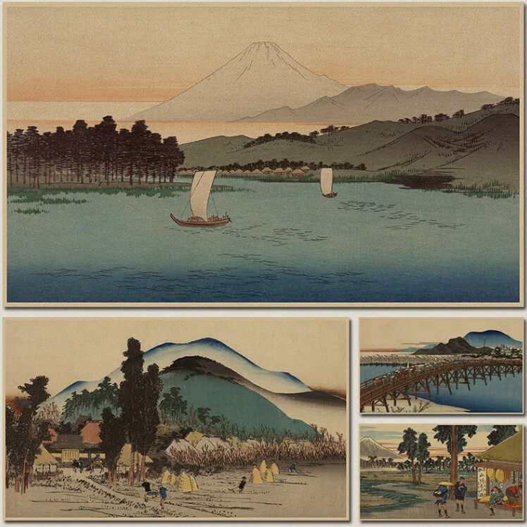 Japanese style Ukiyo-e 371 landscape vintage kraft paper poster cuisine Izakaya decorative hanging sticker art