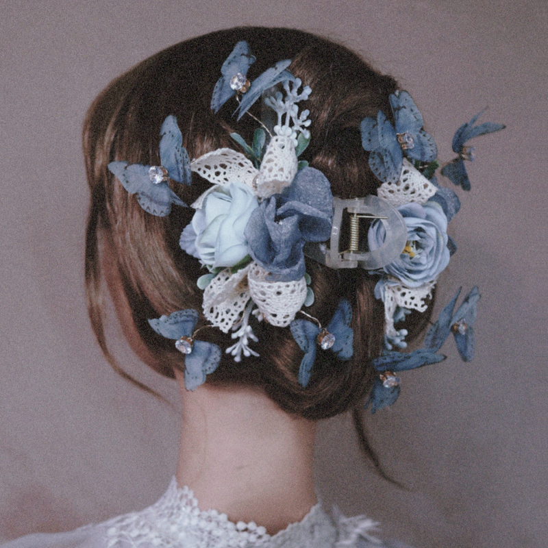 Original and Beautiful Blue-Green Butterfly Flower Hair Clip with a Forest-Style Design, Half-Tied Elegant and Exquisite Shark Clip Hair Accessory