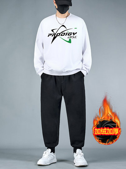 加绒加厚运动套装男款冬季肥佬休闲卫衣男生大码黑色束脚裤两件套