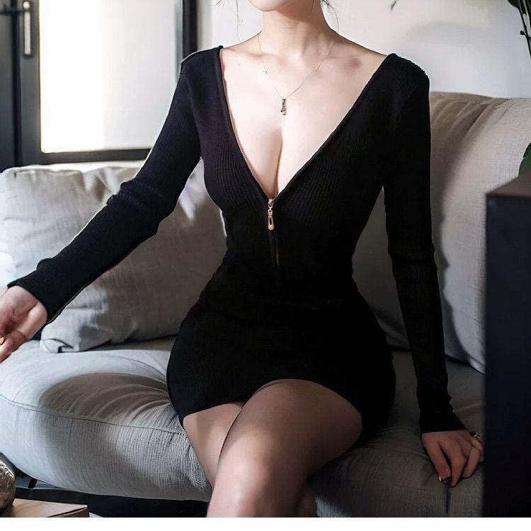 150kg Plus Size Sexy Zipper V-Neck Long Sleeve Dress for Women, New Autumn/Winter Hot Girl Slim Fit Bodycon Short Dress