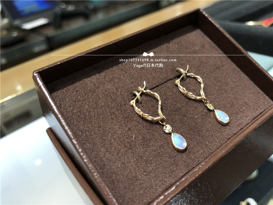 Japanese agete 18 winter 10k hollow pattern petal earrings with water drop opal drop earrings