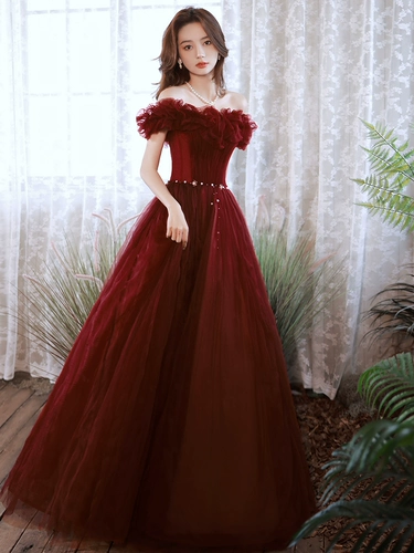 Бордовое летнее элегантное шифоновое вечернее платье для невесты