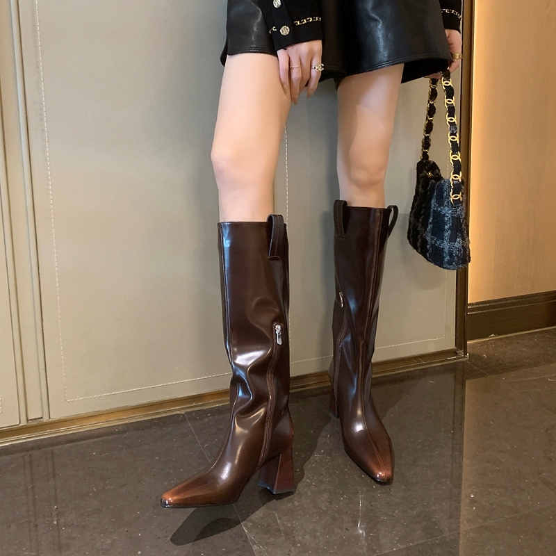 Winter Melard~ French-Style High-End Color-Blocked Square-Toe Chunky Heel High Boots, Brown Versatile High Boots for Women