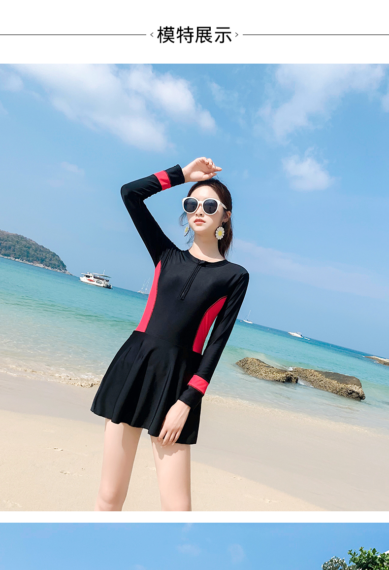 Áo tắm nữ bảo thủ che bụng mỏng tay áo dài chống nắng đi biển thể thao học sinh ngực nhỏ tụ tập đồ bơi Hàn Quốc - Bộ đồ bơi One Piece đồ bơi nữ liền thân
