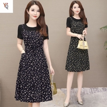 Large size women's 200kg Korean floral fake two-piece dress female summer fat sister cover belly slim A- line skirt