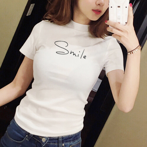 2024 summer new white half-high collar short-sleeved t-shirt for women with stand-up collar solid color Korean style pure cotton slim fit and tight
