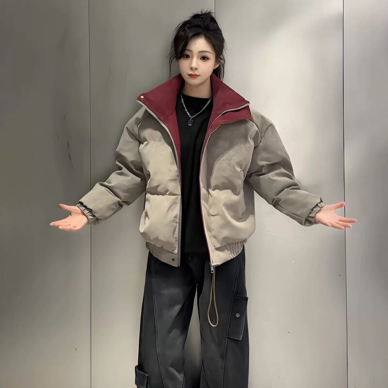 American-Style Matte Pu Leather down Jacket for Men and Women, Winter Short Color-Blocked Stand-Up Collar Thickened Loose Three-Proof Cotton Coat American-Style Matte Pu Leather down Jacket for Men and Women, Winter Short Color-Blocked Stand-Up Collar Thickened Loose Three-Proof Cotton Coat