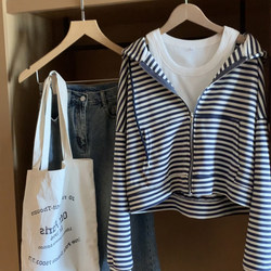 ເສື້ອຢືດແບບອາເມລິກາທີ່ມີ hooded lazy ແບບວ່າງ oversize sweatshirt ສໍາລັບແມ່ຍິງພາກຮຽນ spring ດູໃບໄມ້ລົ່ນລະດູຫນາວລະດູຫນາວບາງ striped cardigan ເສື້ອສັ້ນເທິງ