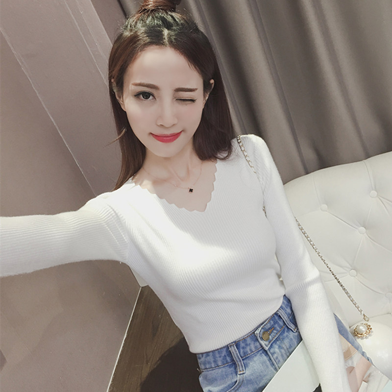 2022 new all-match tight-fitting pullover v-neck sweater autumn and winter Korean version of the slim long-sleeved knitted bottoming shirt for women