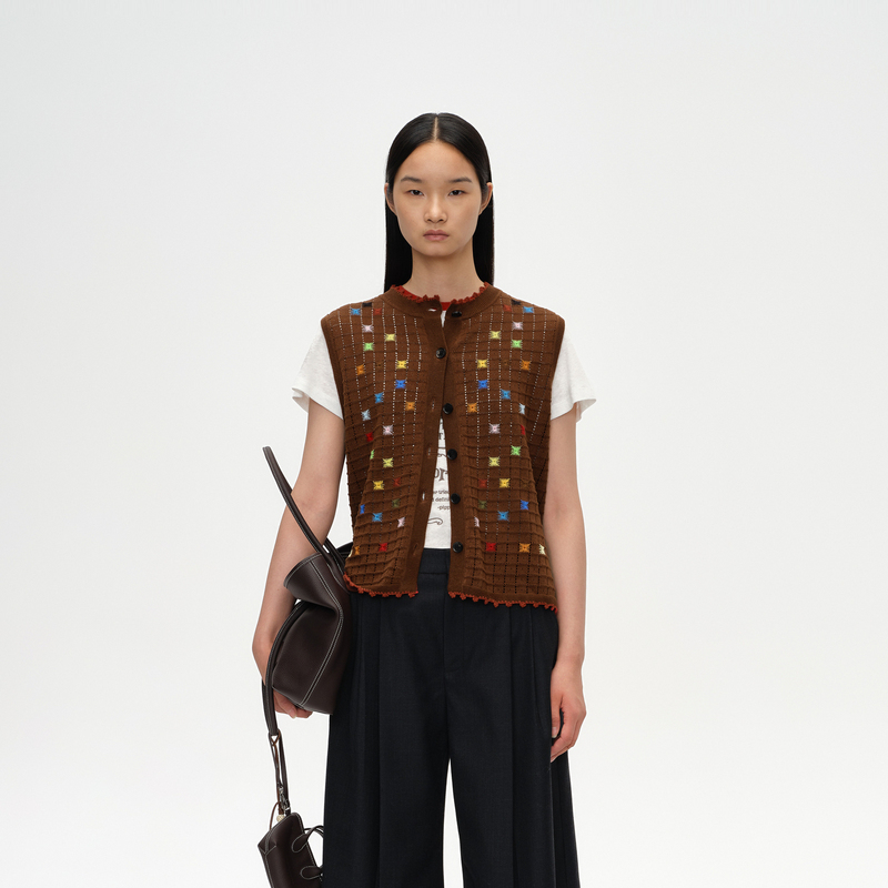 Short Sentence 26 Autumn New Designer Style Hollow Plaid Fully Handmade Rice-Shaped Embroidery Knitwear