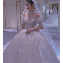 Main wedding dress 2021 new bride court style smearing one shoulder French light small child 2020