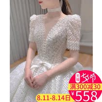 Main wedding dress 2021 new big tail 2020 bride heavy industry French light court v-neck temperament one shoulder