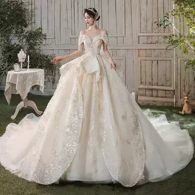 One-word shoulder main wedding dress bride 2021 New temperament big tailing French 2020 women Net Red little light
