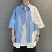 Summer khâu phiên bản Hàn Quốc ve áo ngắn tay áo lỏng lẻo sinh viên xu hướng đẹp trai lăm tay đầu giữa tay áo của nam giới
