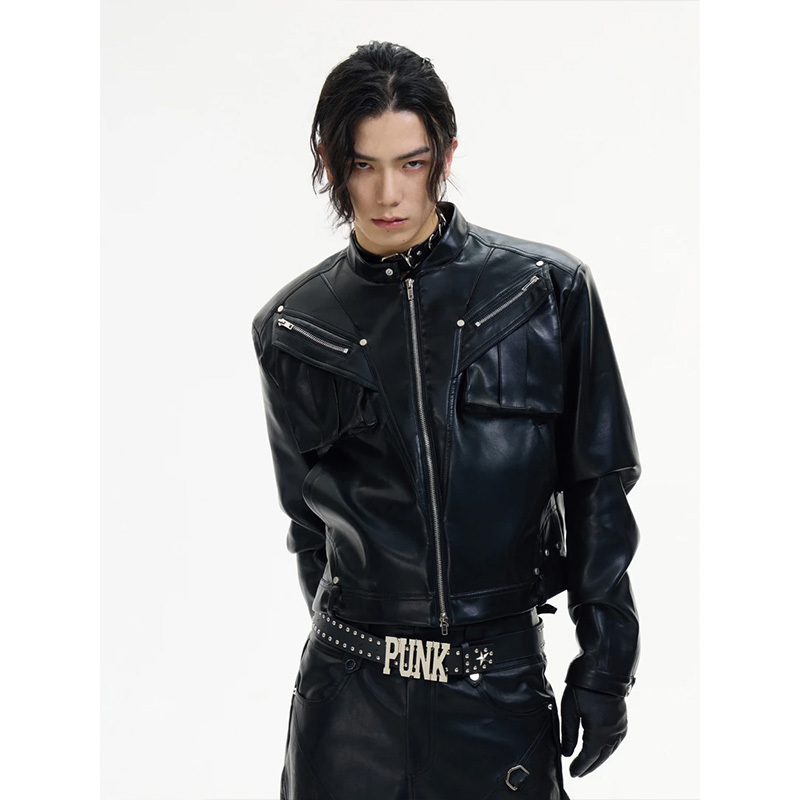 American-Style Silhouette Leather Jacket for Men with a Sense of Design, Metal Zipper, Cleanfit Short Biker Jacket, Couple's Cool and Handsome Jacket