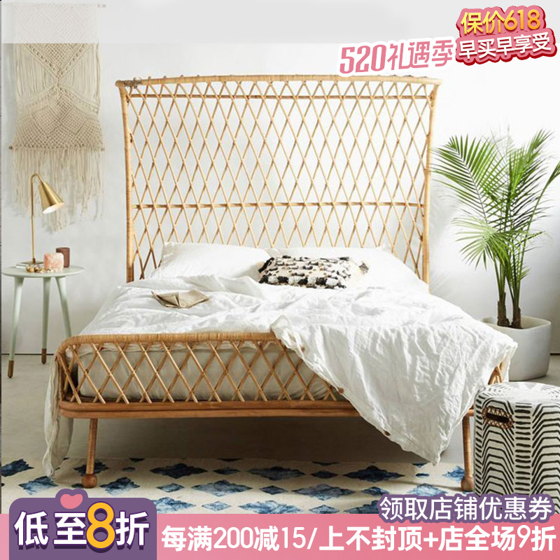 Nordic Day-Style Real Rattan Bed Minimalist Creative Apartments Rattan Bed Folk Hotel Countryside Style Double Rattan Bed Furniture