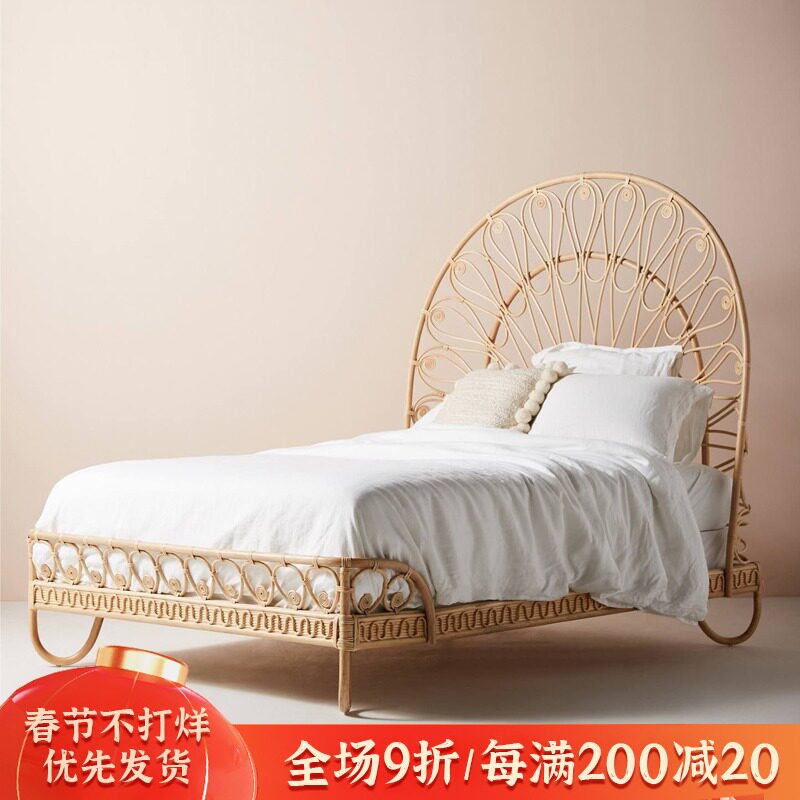 Nordic solid wood rattan bed creative Japanese bedroom natural Indonesian rattan bed ins homestay hotel net red double bed