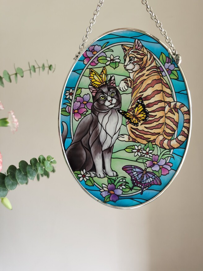 Clearance sale: 2 cat glass tag desktop ornaments, American amia vertical line stained glass birthday gifts