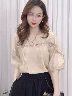 European summer new retro short-sleeved tencel shirt women's collarless hollow sweet niche chic super fairy top trend