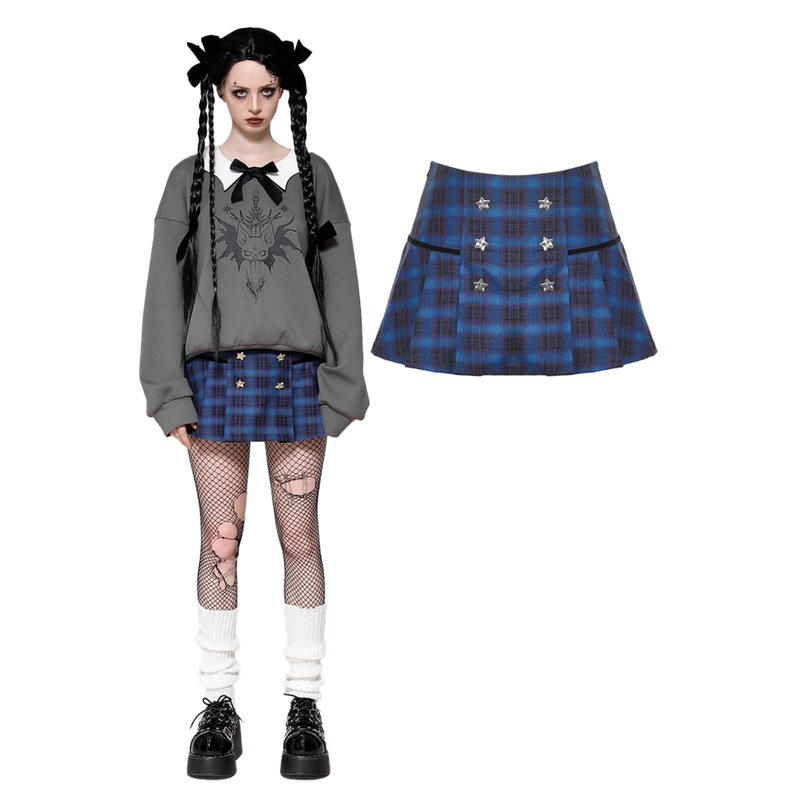 Sponsored by Love/Dark in Love Gothic Dark Academia Style Blue and Black Plaid Double-Breasted Skirt Kw378