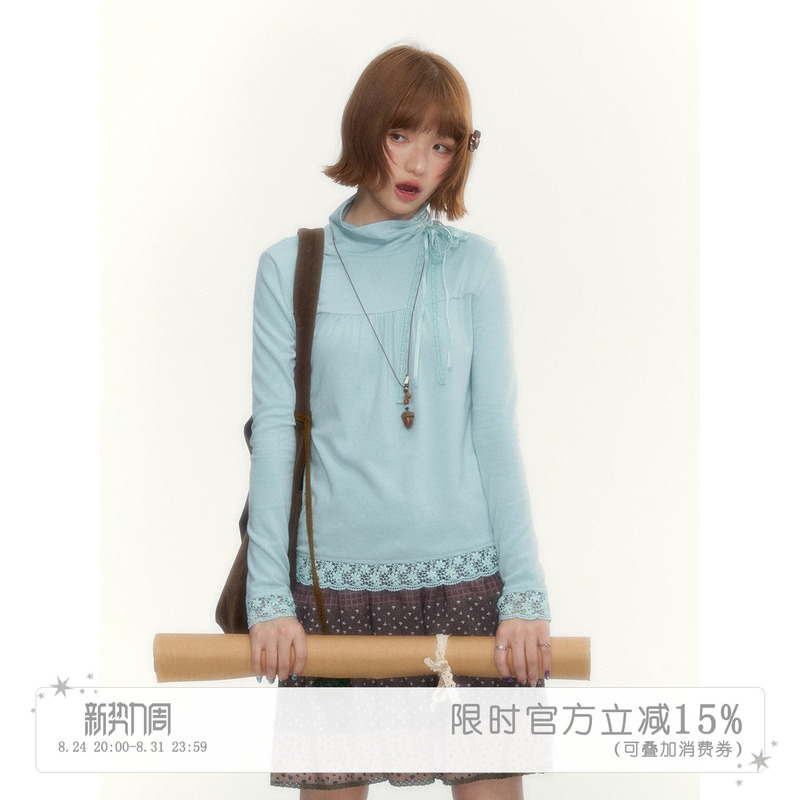 Hollyde Map "Mint Pudding" Half-High Collar Lace-Up Slim-Fit Versatile Lace-Trimmed Knit Base Shirt Hollyde Map "Mint Pudding" Half-High Collar Lace-Up Slim-Fit Versatile Lace-Trimmed Knit Base Shirt