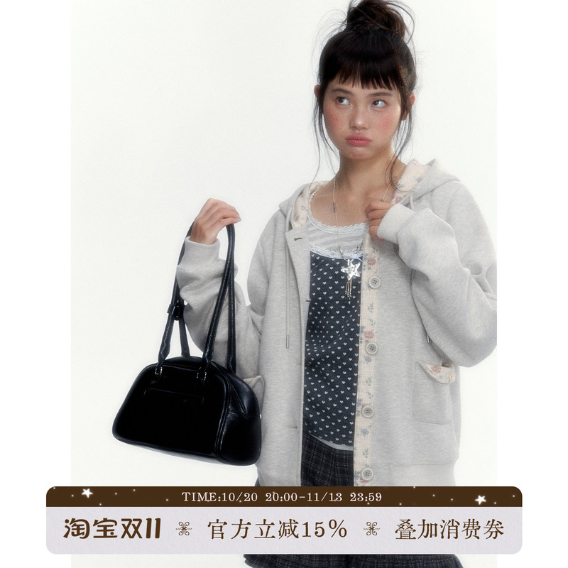 Hollyde Map 2026 Autumn New Korean Style Retro Floral Casual Versatile Drawstring Hooded Cardigan Sweatshirt