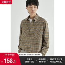 (Chu grid) Japanese small check long sleeve shirt mens patch bag profile autumn casual top retro plaid shirt