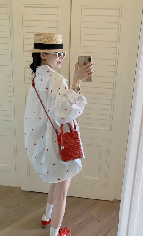 2026 Spring and Autumn New Style White Heart Print Long Sleeve Shirt Jacket for Women, Loose Casual Versatile Sun Protection Top