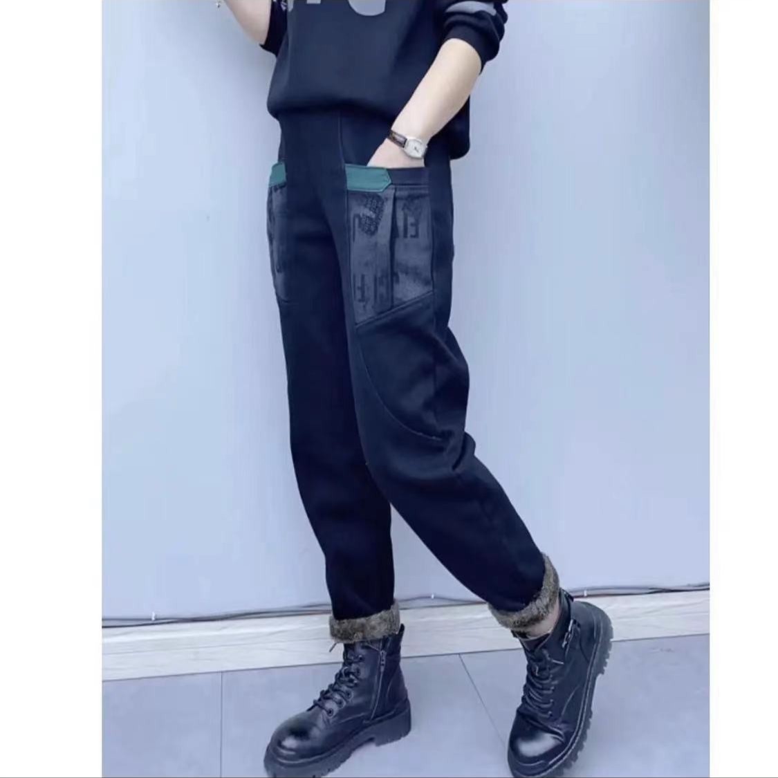 Simultaneously Mori clothing plus velvet thick elastic fashion casual label denim harem pants