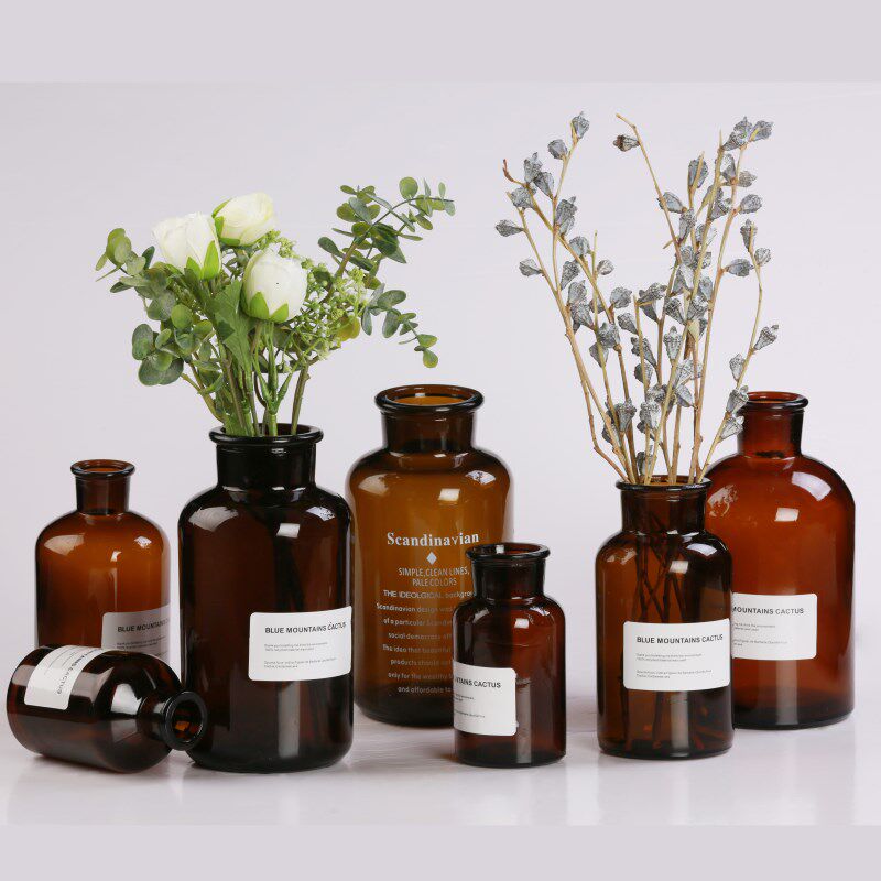 Nordic small brown bottle INS home creative water culture container transparent glass vase table furnished living room decoration