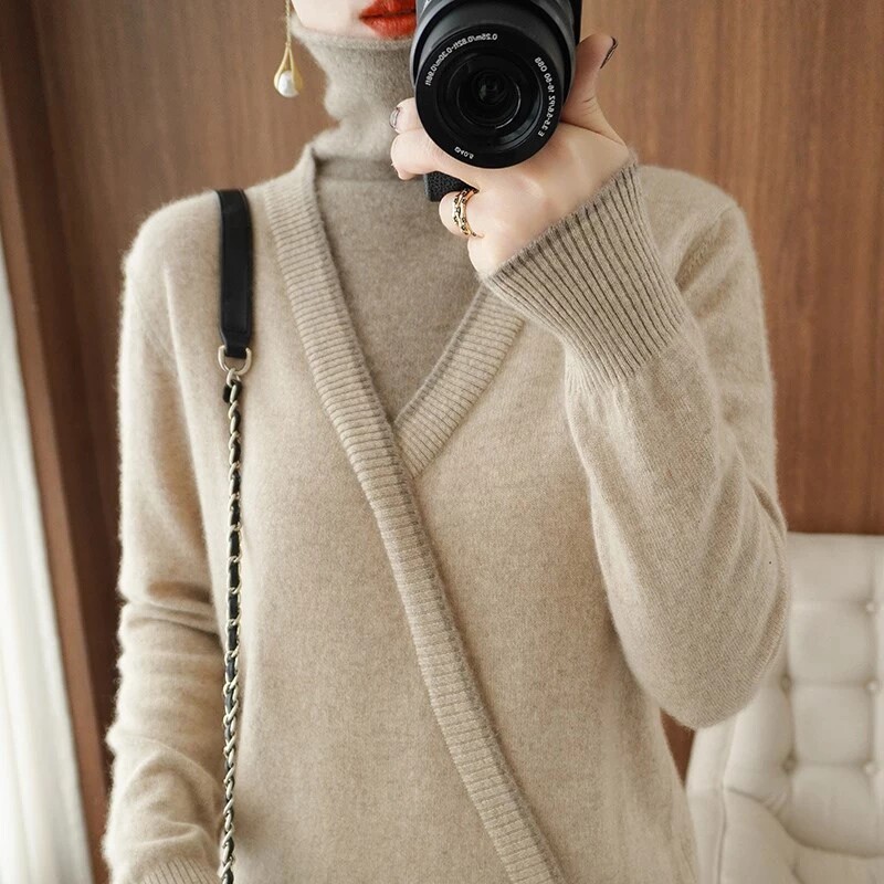 DonLevia~Cashmere sweater women are thin and fashionable cross turtleneck wool knitted bottoming shirt explosion style is coming~
